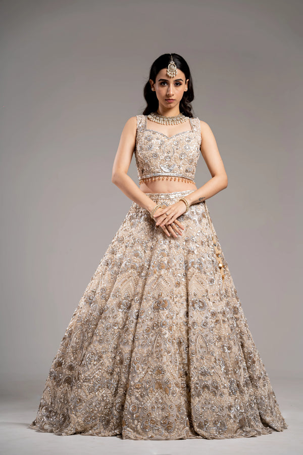 Champagne Ivory Silver & Gold Zardosi Embroidered Bridal Lehenga