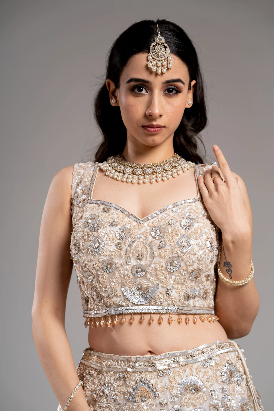 Champagne Ivory Silver & Gold Zardosi Embroidered Bridal Lehenga