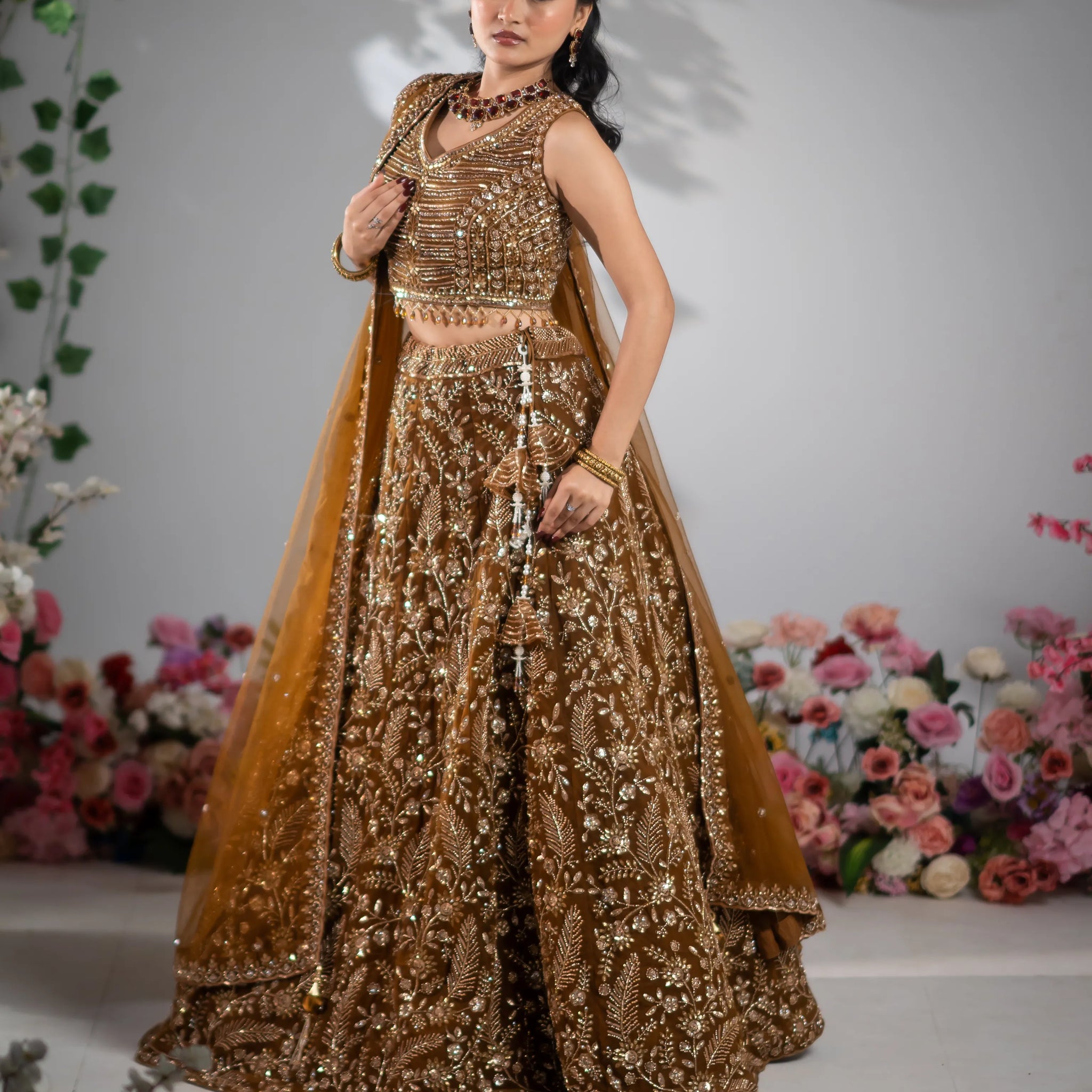 Antique Bronze Brown Floral Zardosi & Sequin Embroidered Lehenga Set