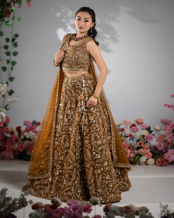 Antique Bronze Brown Floral Zardosi & Sequin Embroidered Lehenga Set