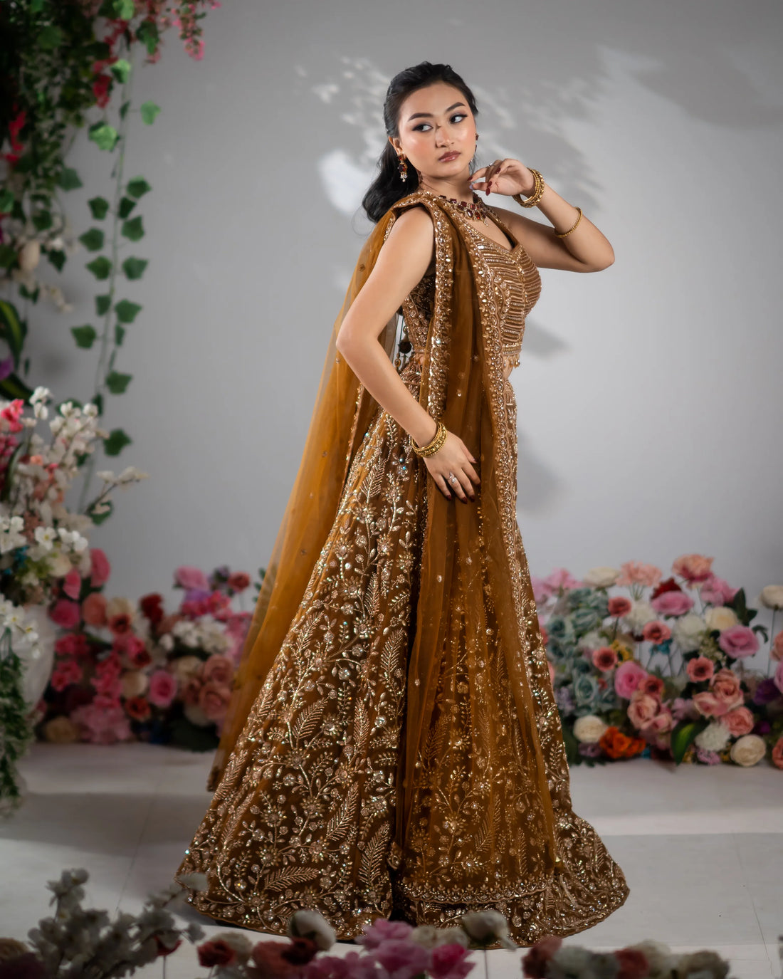 Antique Bronze Brown Floral Zardosi & Sequin Embroidered Lehenga Set