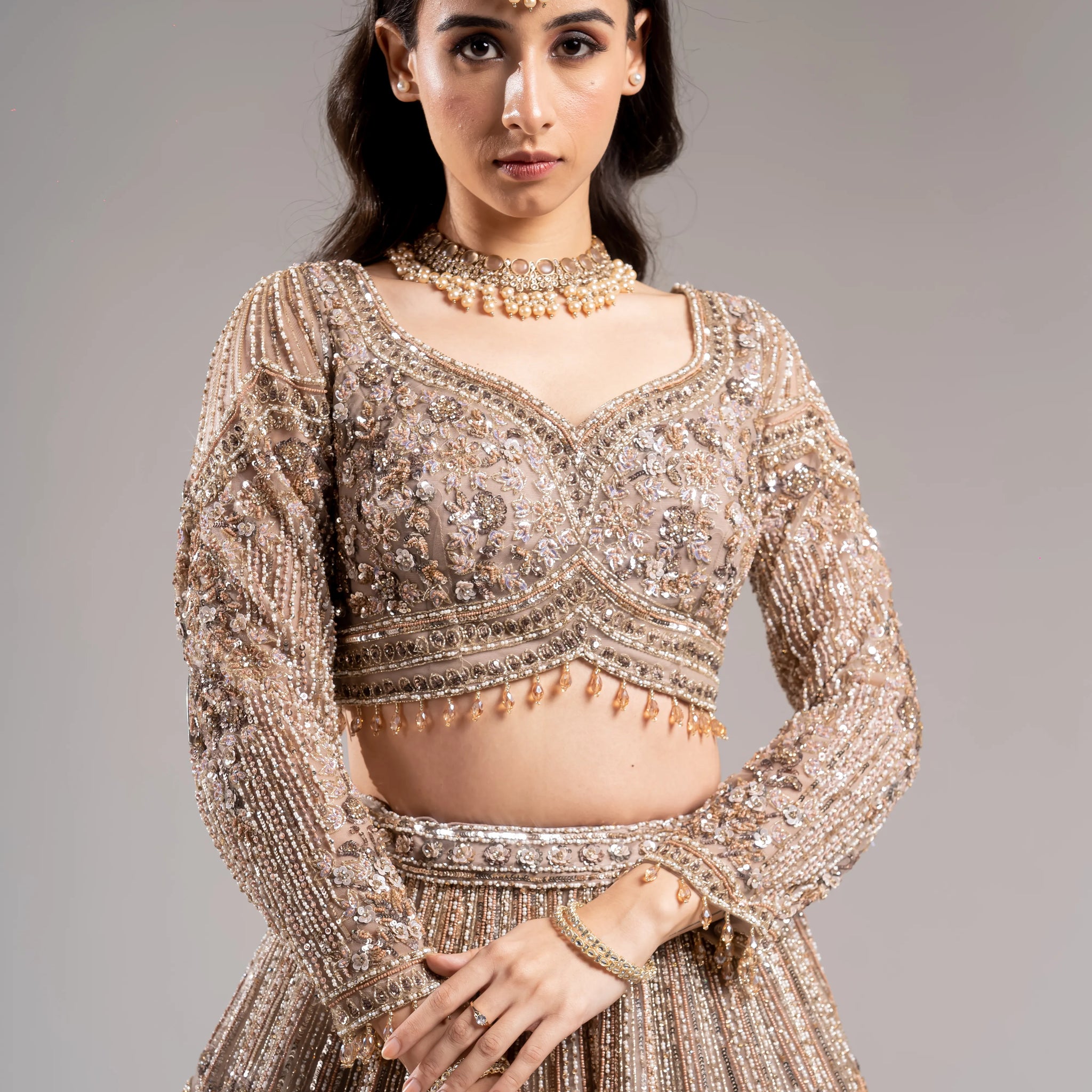 Dusty Taupe Champagne Scalloped Sequin Embroidered Bridal Lehenga