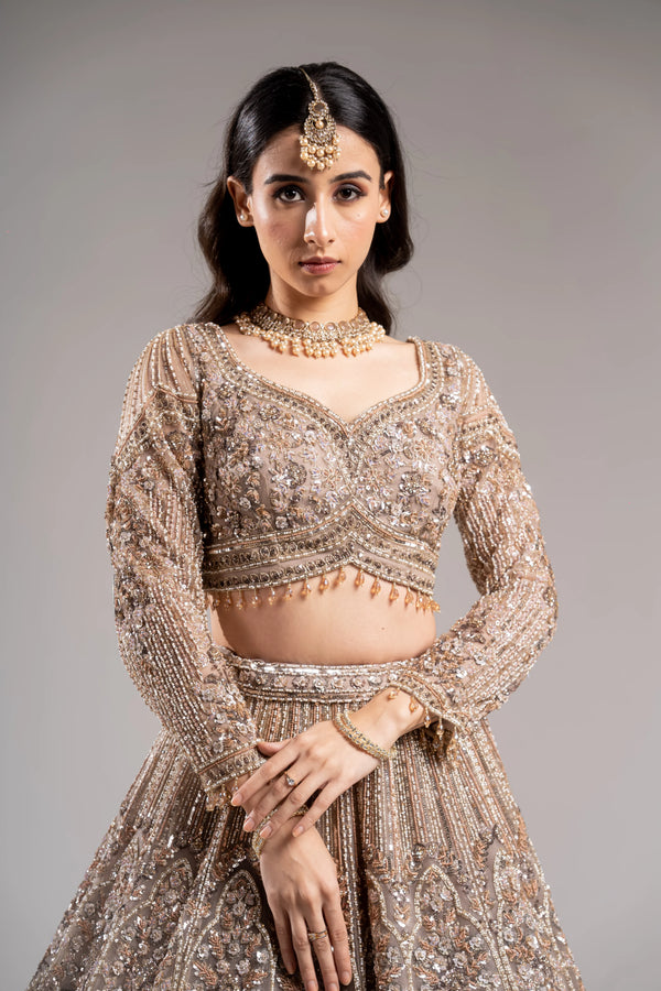 Dusty Taupe Champagne Scalloped Sequin Embroidered Bridal Lehenga