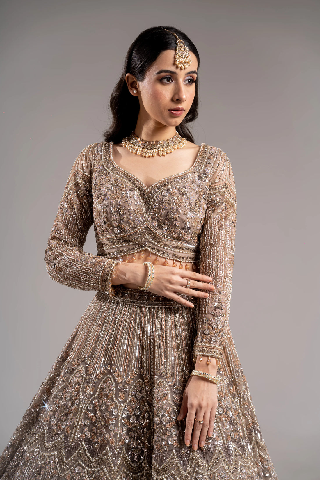 Dusty Taupe Champagne Scalloped Sequin Embroidered Bridal Lehenga