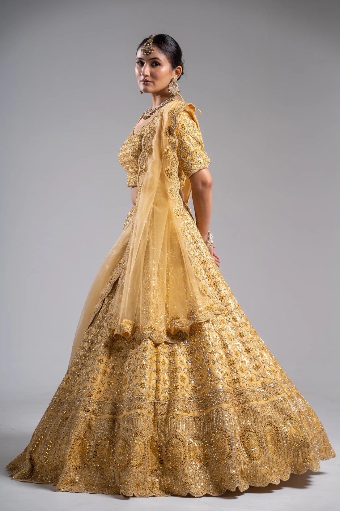 Mustard Yellow Heavy Zardosi & Scalloped Embroidered Bridal Lehenga
