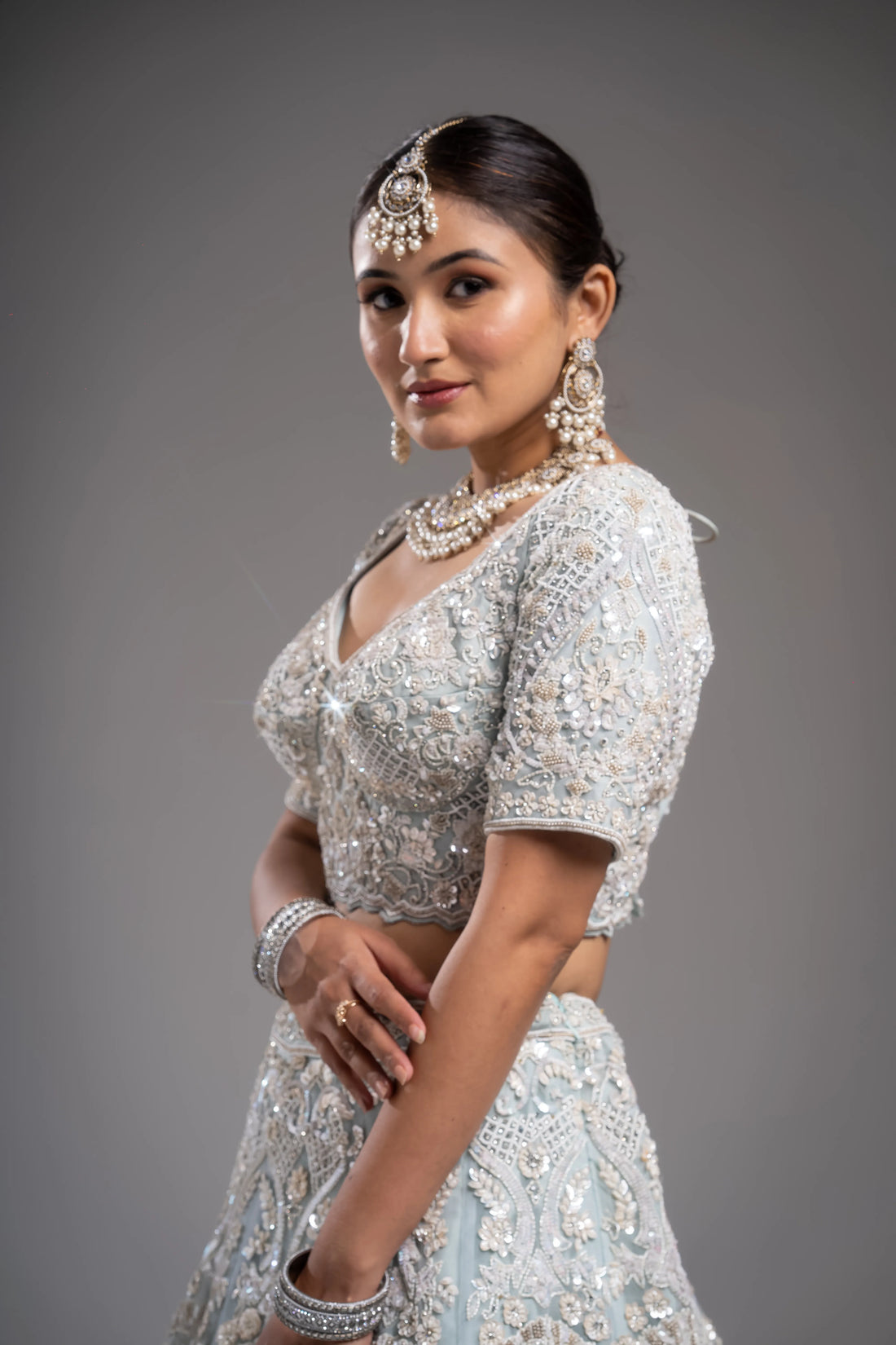 Ice Blue & Silver Heavy Zardosi Embroidered Bridal Lehenga