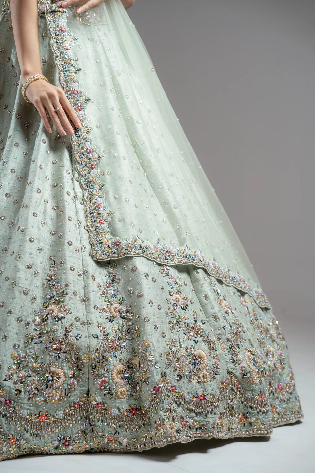 Mint Green Multi-Color Floral Embroidered Bridal Lehenga