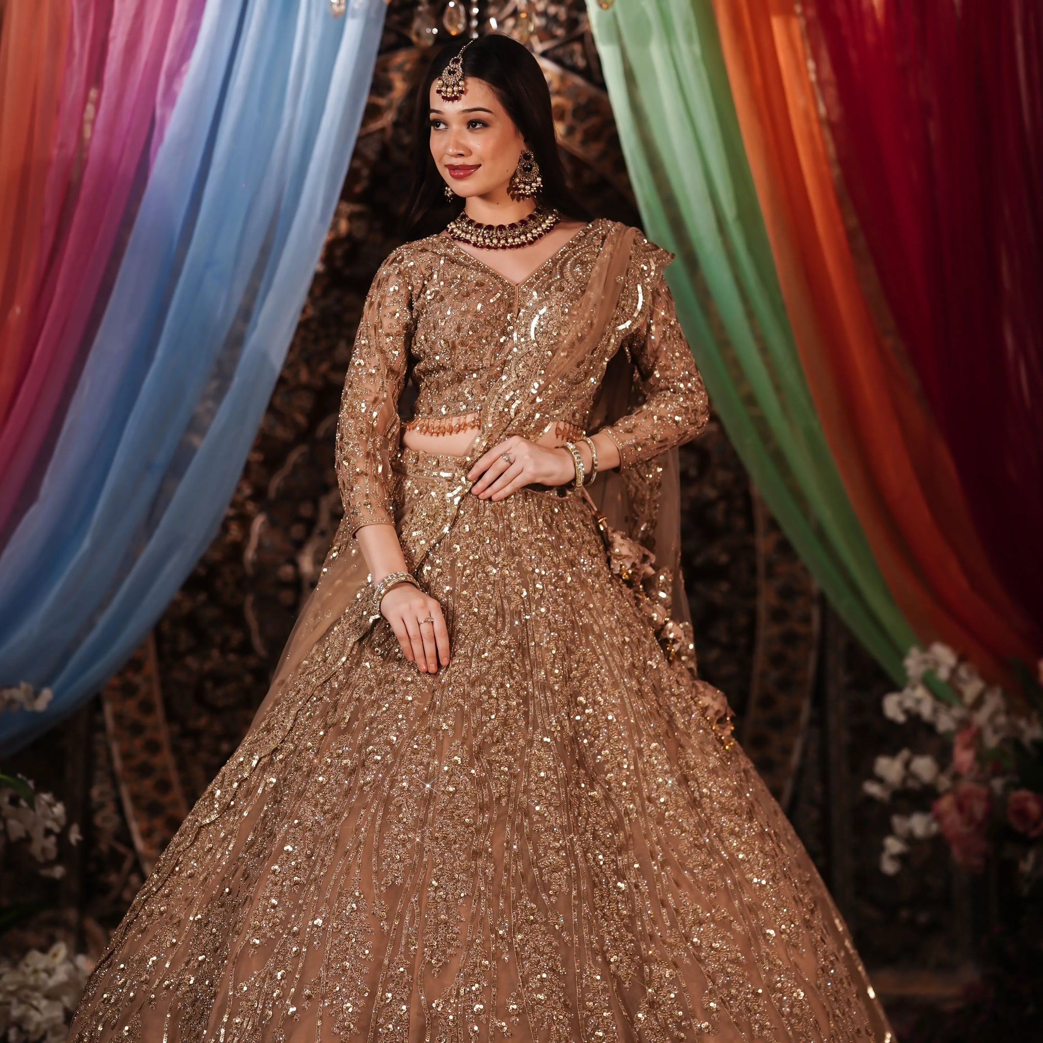 Antique Copper Gold Flowing Vine & Sequin Embroidered Lehenga Set