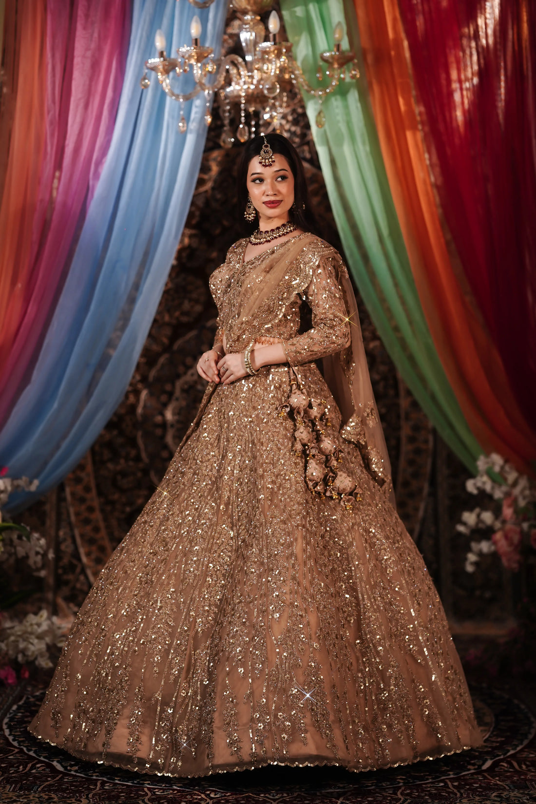 Antique Copper Gold Flowing Vine & Sequin Embroidered Lehenga Set