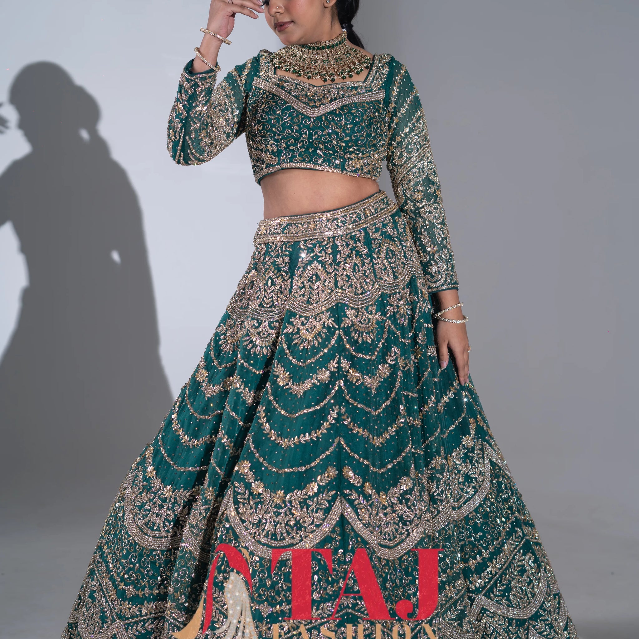 Emerald Green Scalloped Heavy Zardosi Embroidered Bridal Lehenga