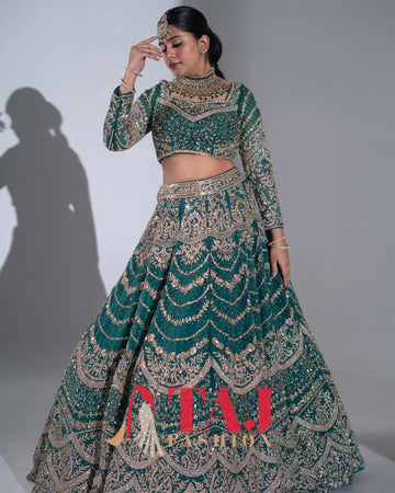 Emerald Green Scalloped Heavy Zardosi Embroidered Bridal Lehenga