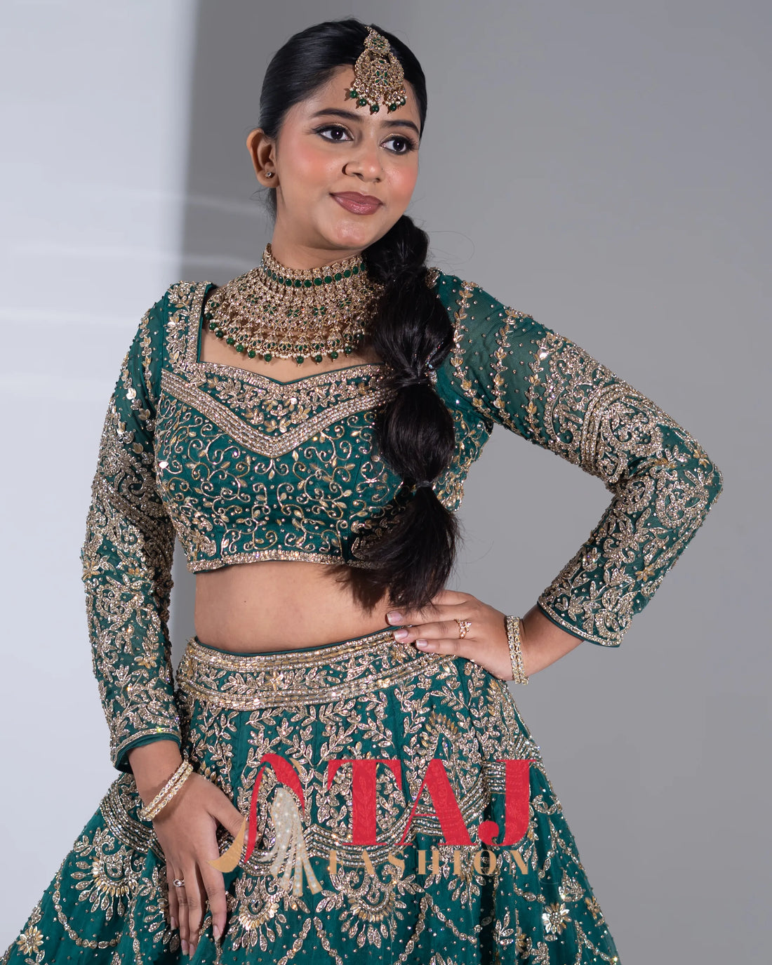 Emerald Green Scalloped Heavy Zardosi Embroidered Bridal Lehenga