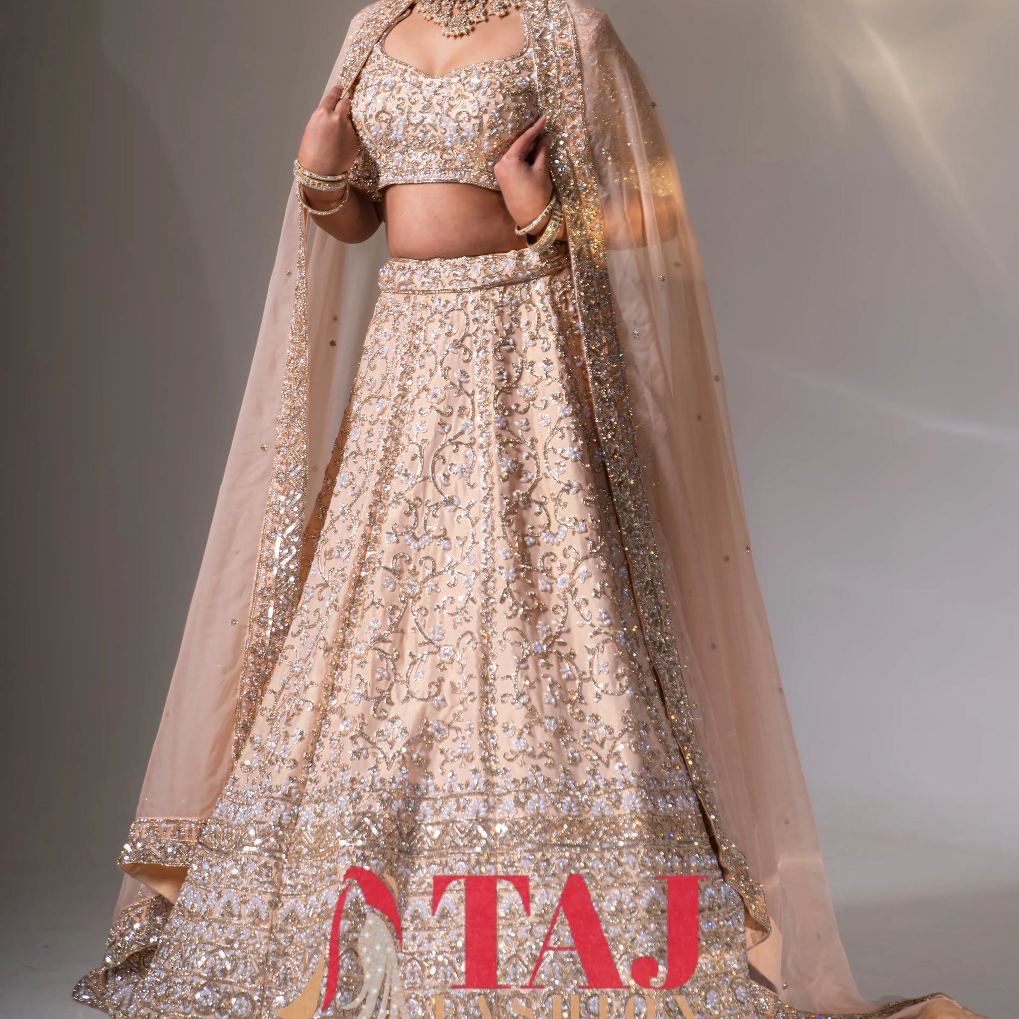 Blush Peach & Silver Floral Vine Embroidered Bridal Lehenga