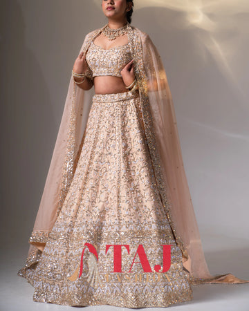 Blush Peach & Silver Floral Vine Embroidered Bridal Lehenga