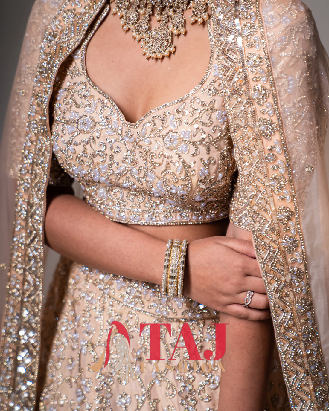 Blush Peach & Silver Floral Vine Embroidered Bridal Lehenga