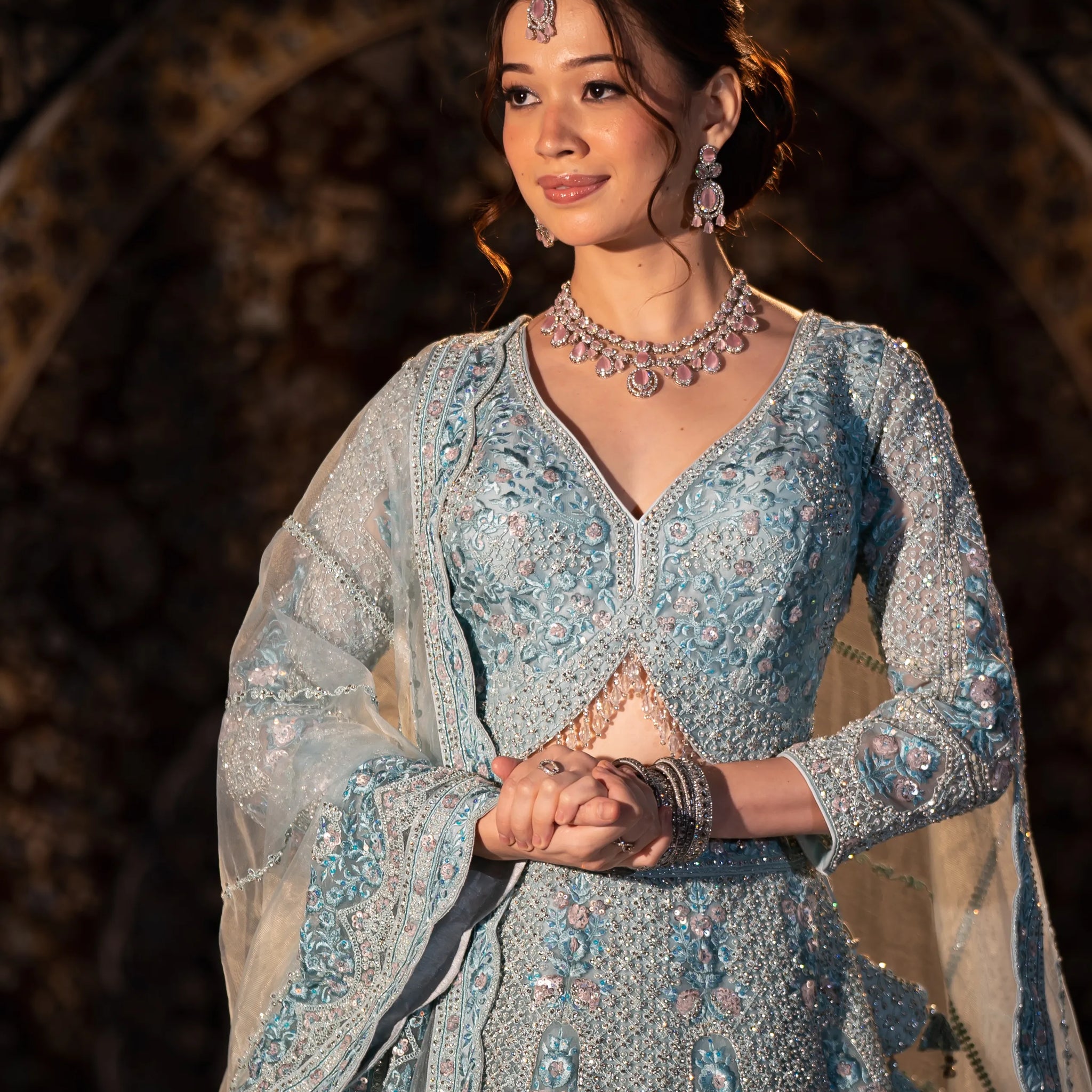 Ice Blue Crystal-Embellished Bridal Lehenga Set