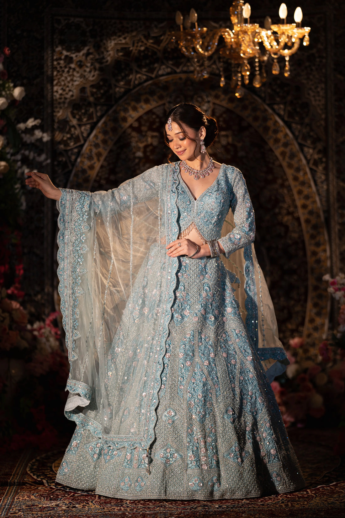 Ice Blue Crystal-Embellished Bridal Lehenga Set