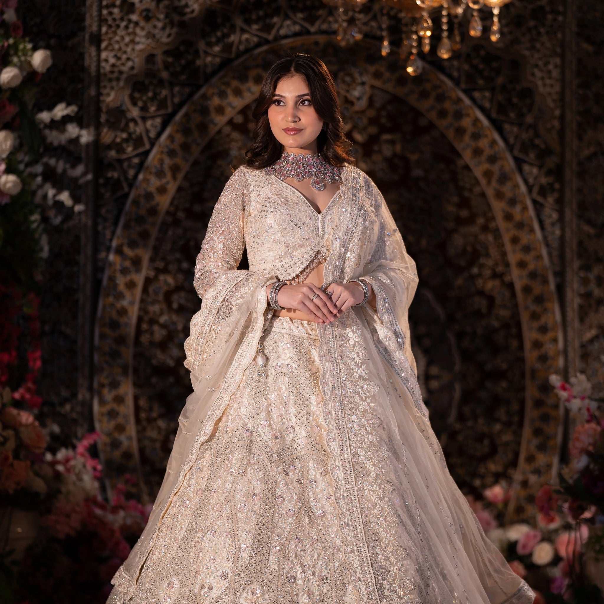 Ivory White Geometric Diamond & Sequin Embroidered Lehenga Set