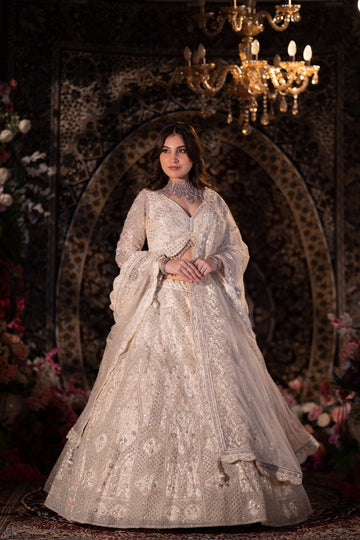 Ivory White Geometric Diamond & Sequin Embroidered Lehenga Set