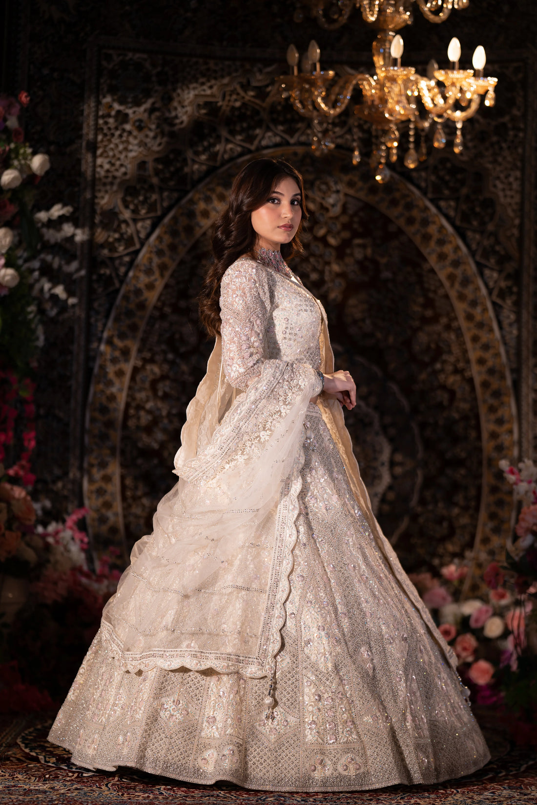 Ivory White Geometric Diamond & Sequin Embroidered Lehenga Set