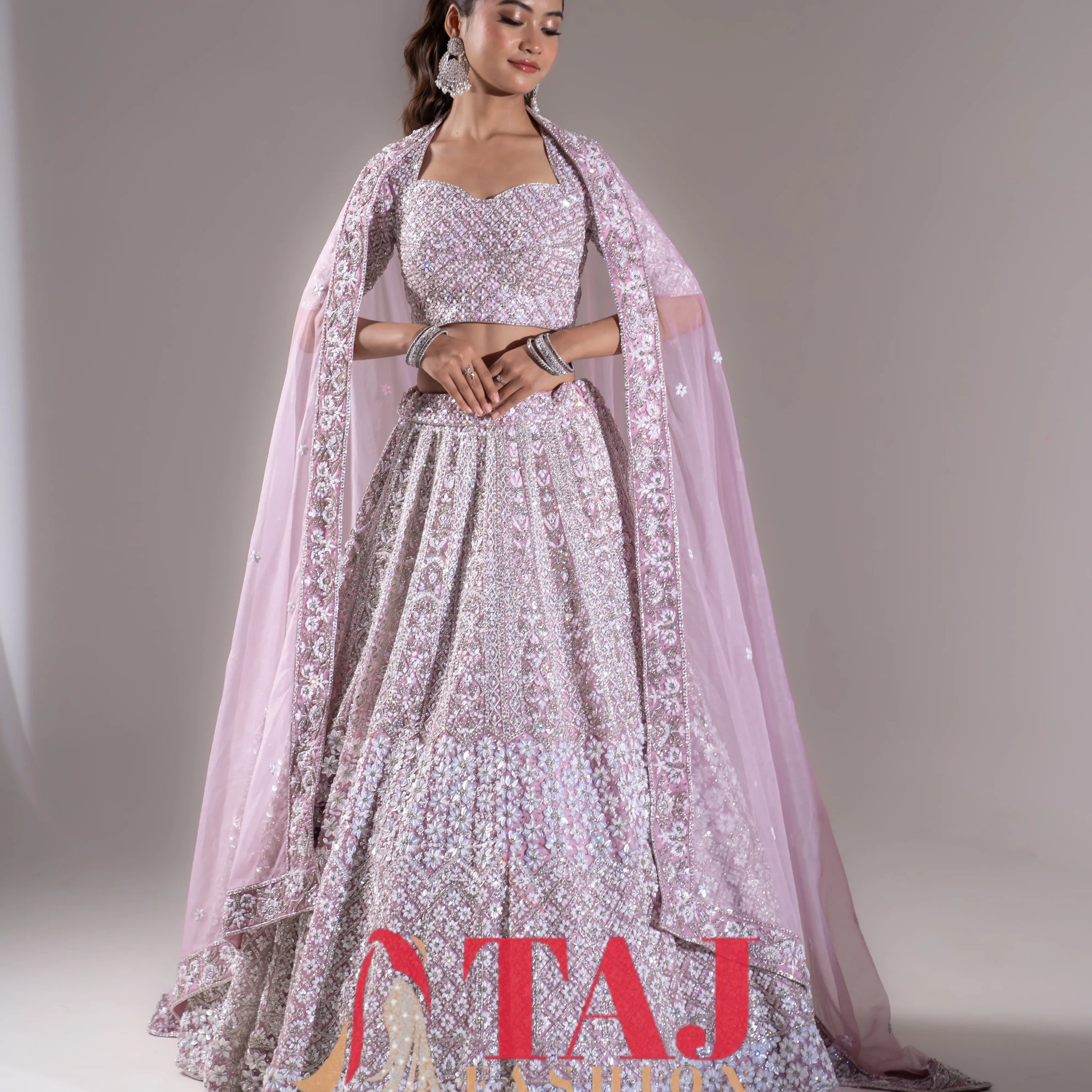 Lilac Lavender Heavy Silver Sequin & Thread Embroidered Bridal Lehenga