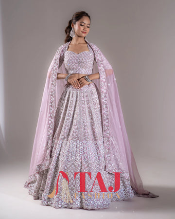 Lilac Lavender Heavy Silver Sequin & Thread Embroidered Bridal Lehenga