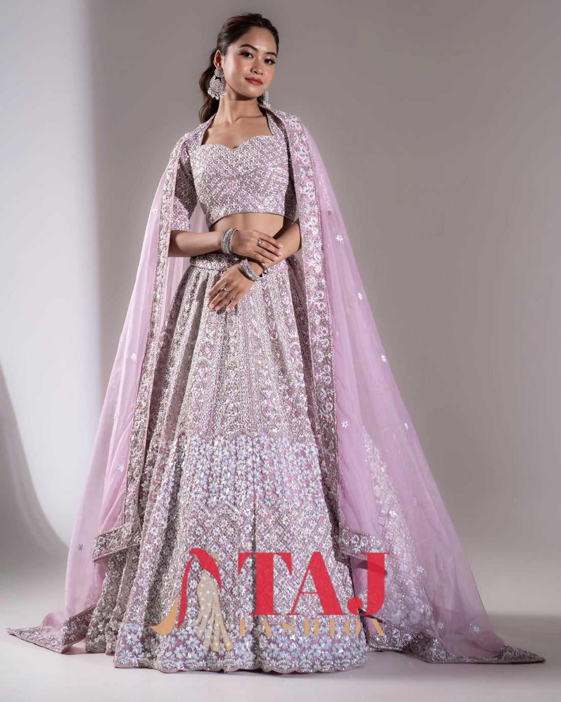 Lilac Lavender Heavy Silver Sequin & Thread Embroidered Bridal Lehenga