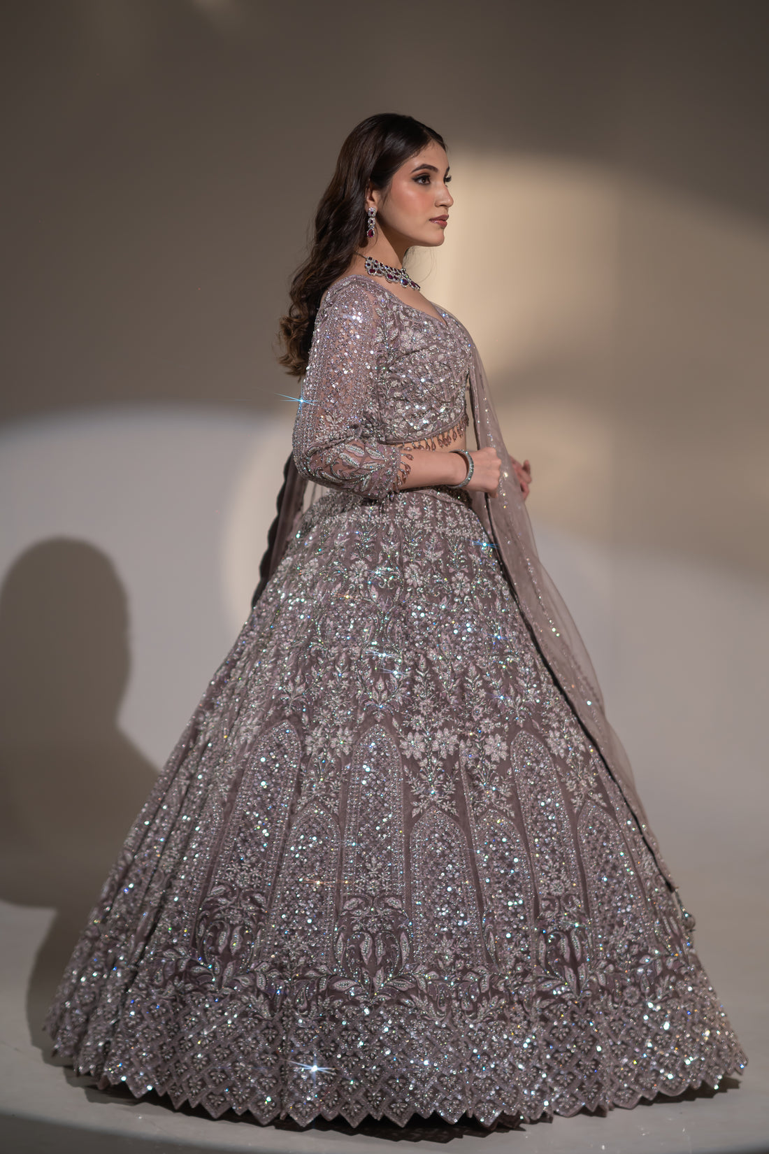 Smoky Lilac Mirror-Embellished Bridal Lehenga Set