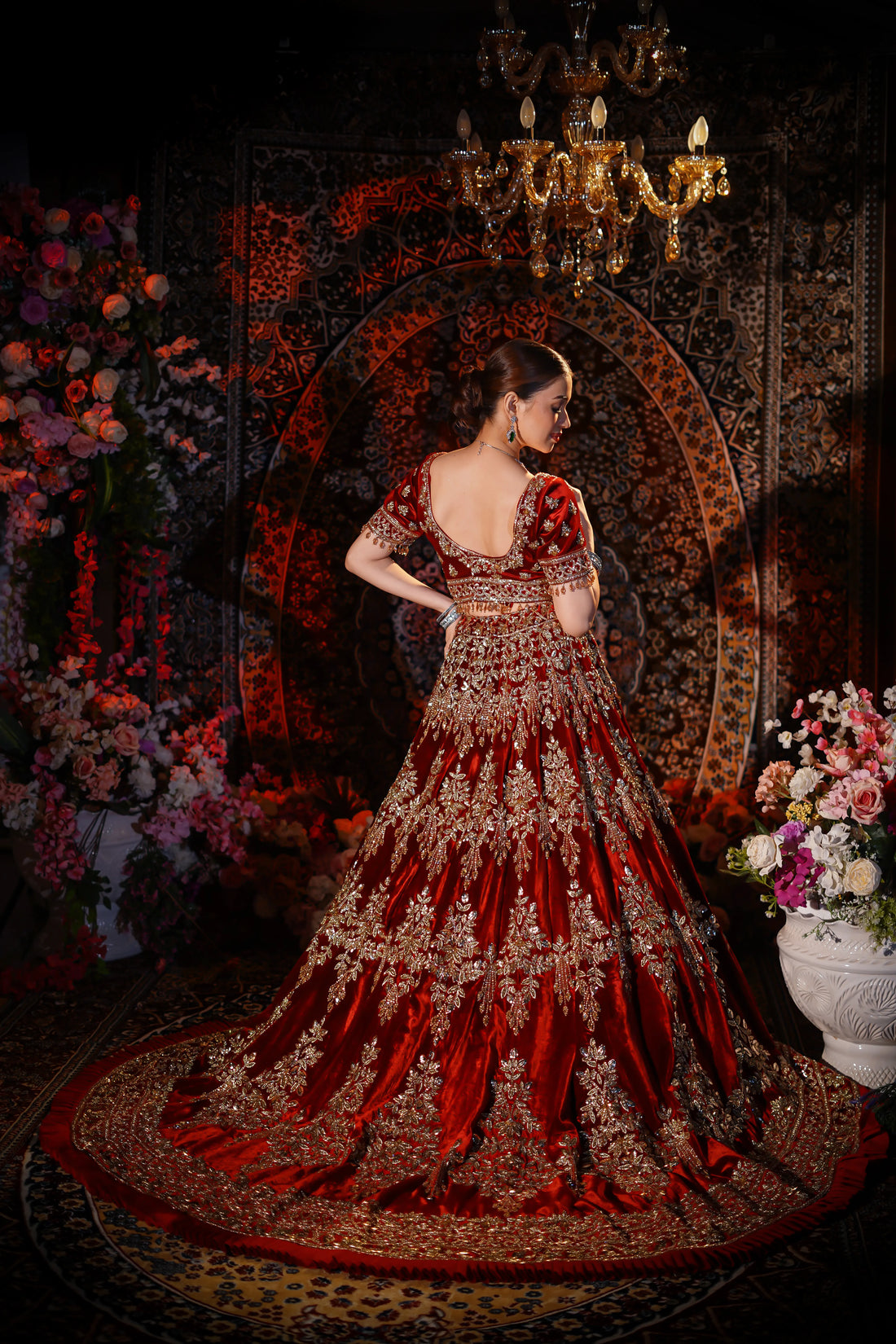 Deep Red Velvet Frill Hem Zardosi Embroidered Bridal Lehenga