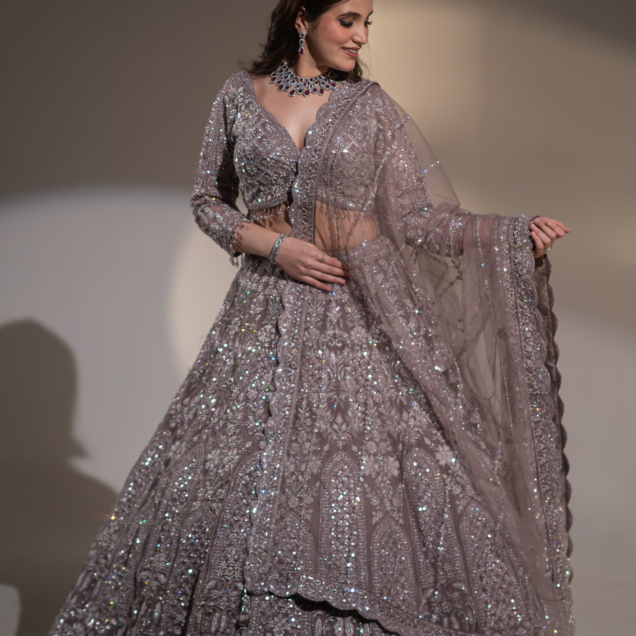 Smoky Lilac Mirror-Embellished Bridal Lehenga Set