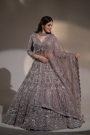 Smoky Lilac Mirror-Embellished Bridal Lehenga Set