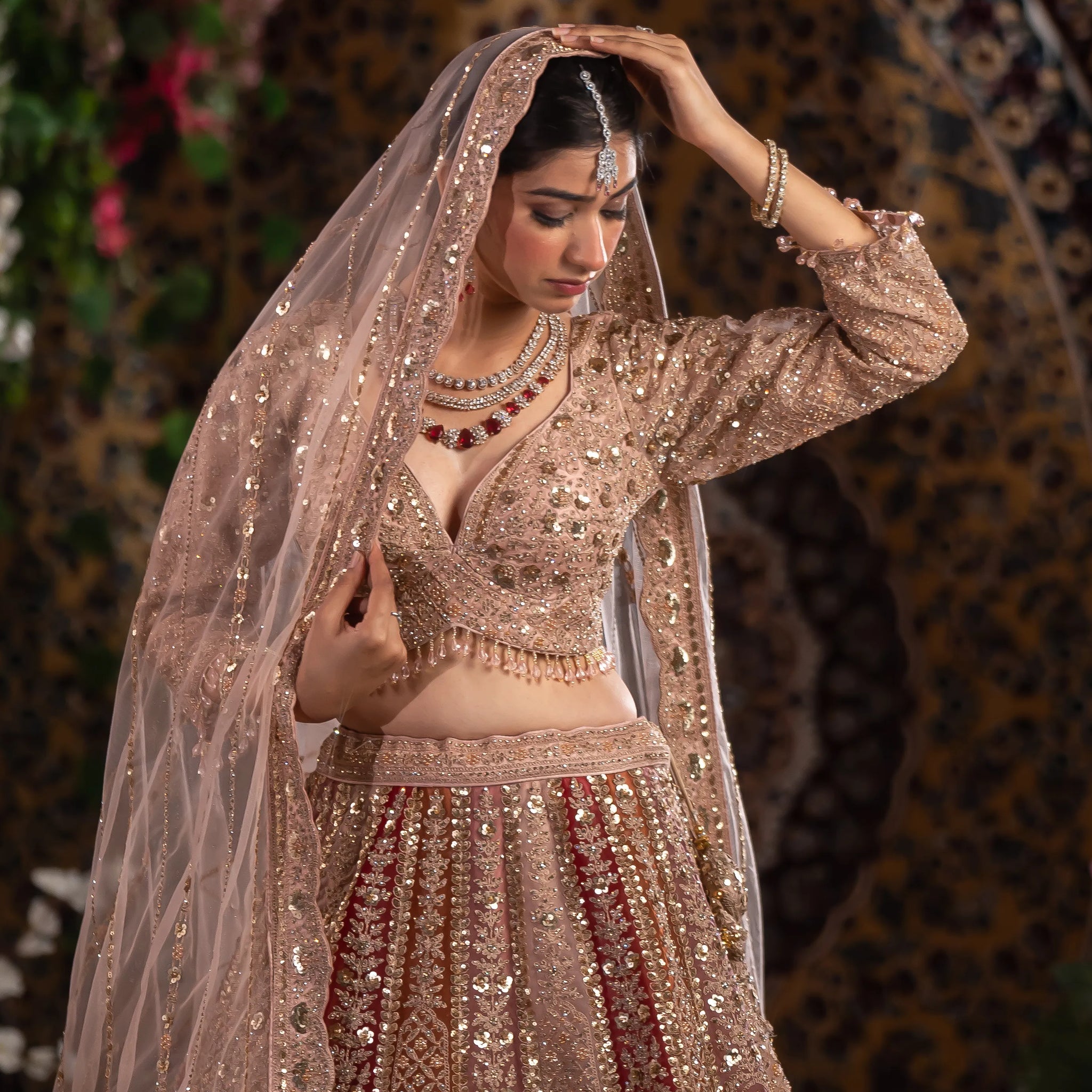 Champagne Beige & Maroon Red Panelled Embroidered Lehenga Set