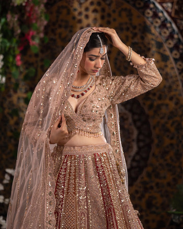 Champagne Beige & Maroon Red Panelled Embroidered Lehenga Set