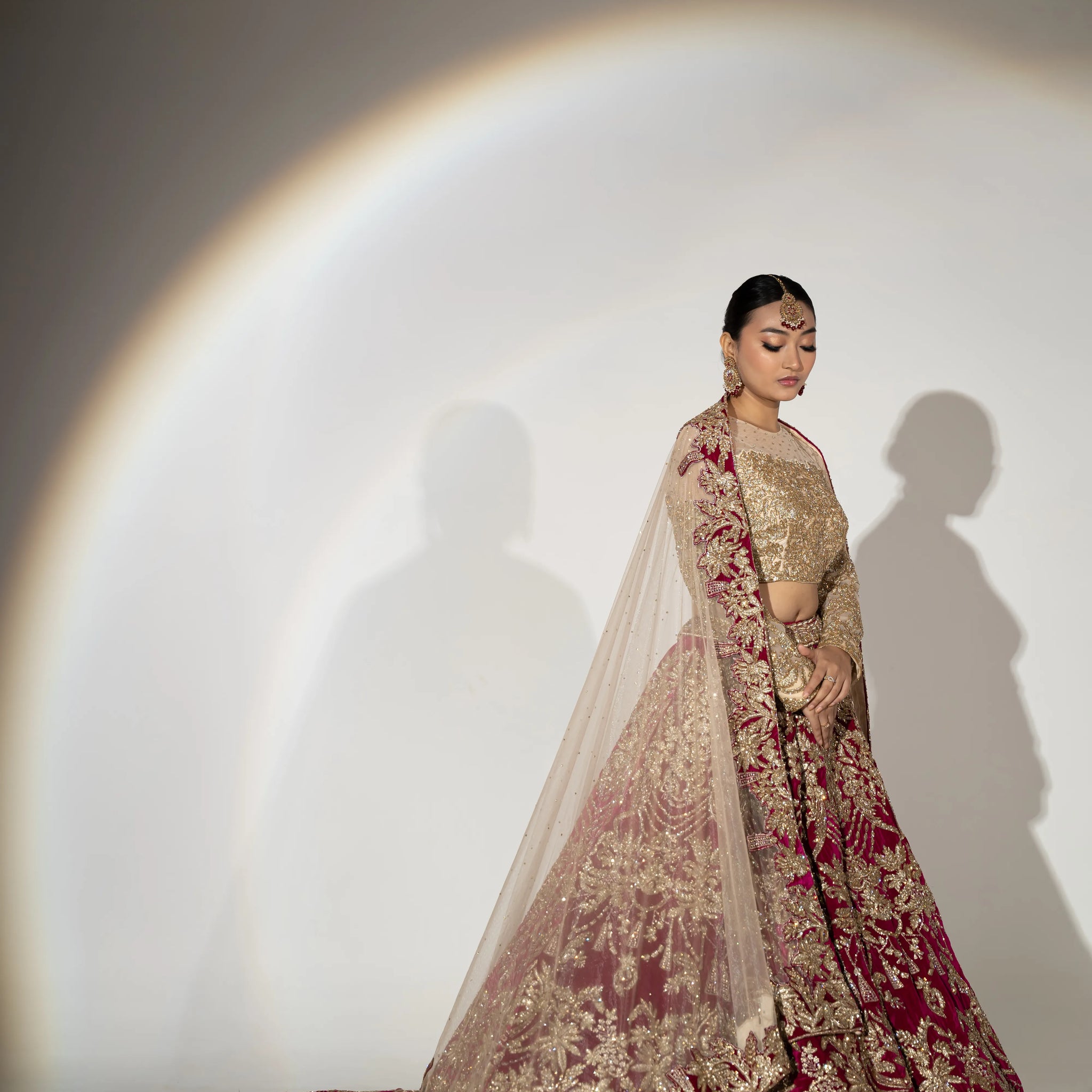 Deep Maroon Velvet & Gold Heavy Zardosi Bridal Lehenga With Royal Trail