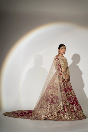 Deep Maroon Velvet & Gold Heavy Zardosi Bridal Lehenga With Royal Trail