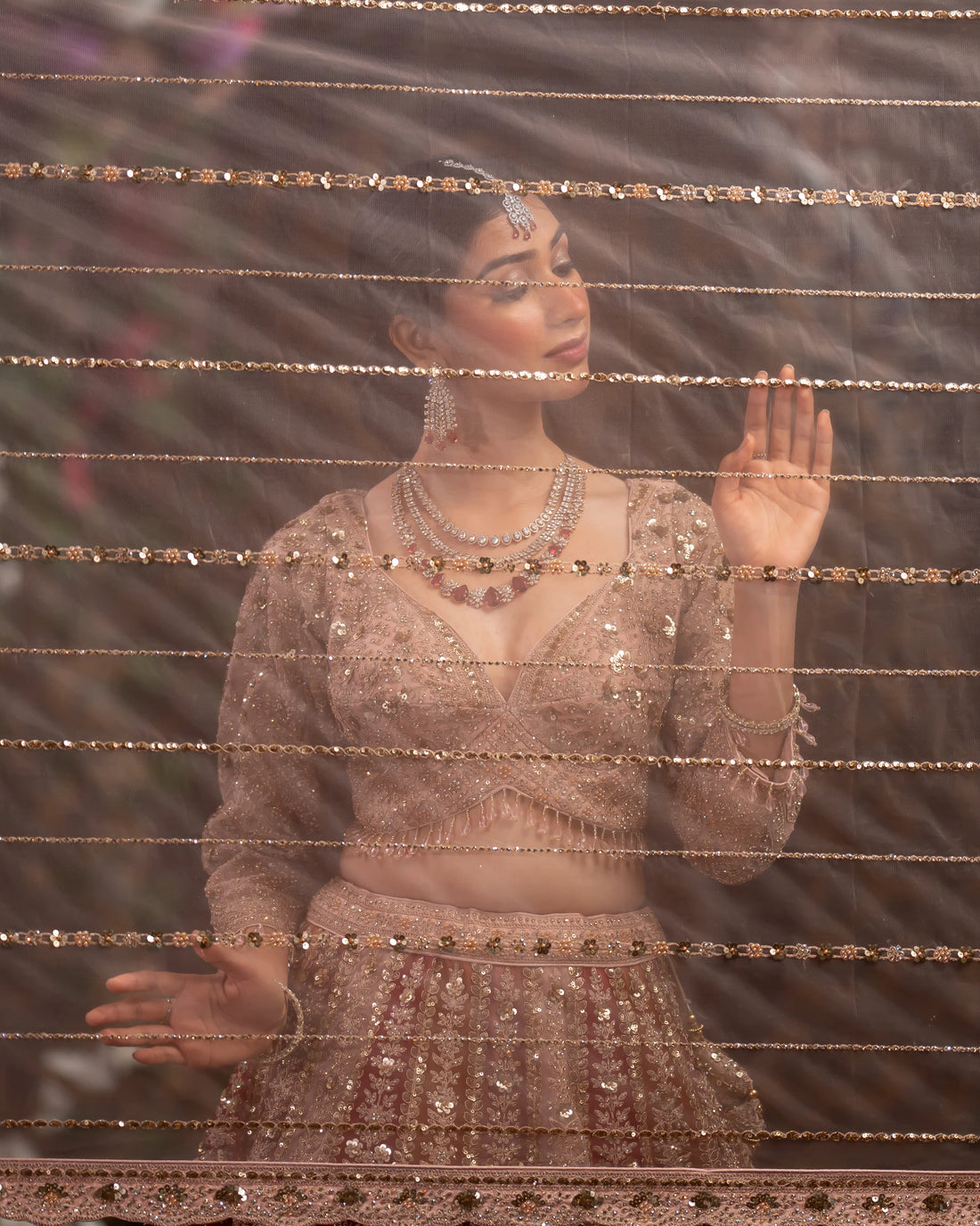 Champagne Beige & Maroon Red Panelled Embroidered Lehenga Set