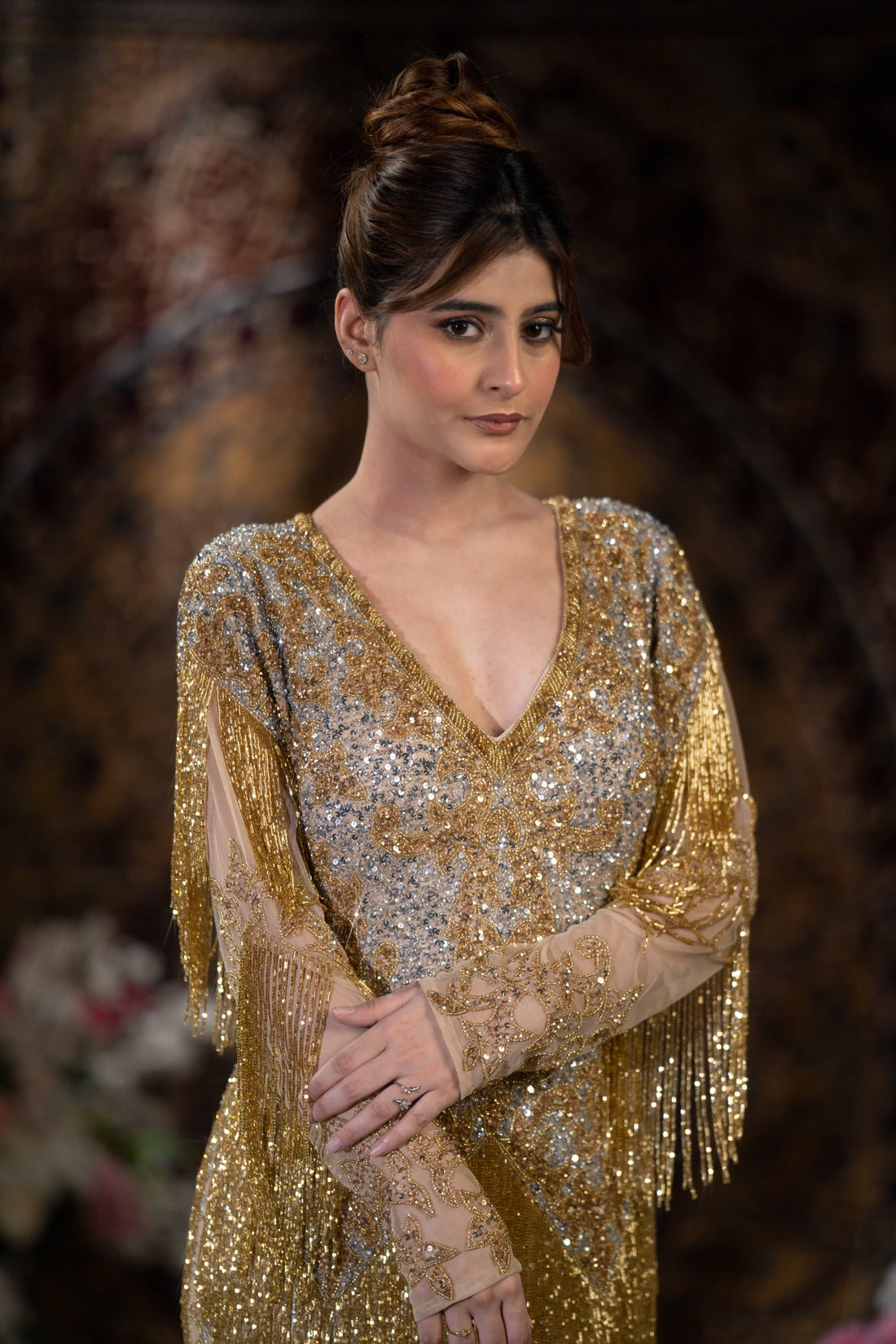 Gold & Silver Ombre Tiered Fringe Embellished Evening Gown