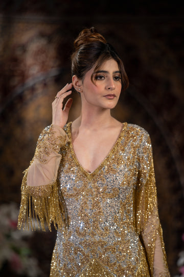 Golden Cascade Fringe Gown – Luxury Crystal Embellished Evening Dress