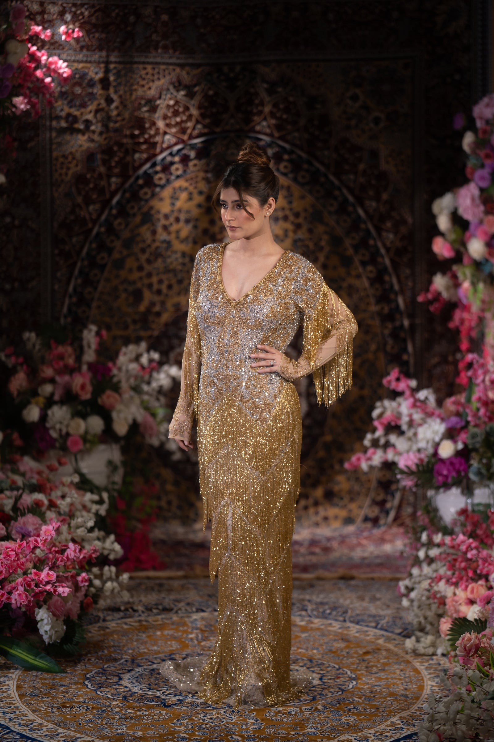 Gold & Silver Ombre Tiered Fringe Embellished Evening Gown