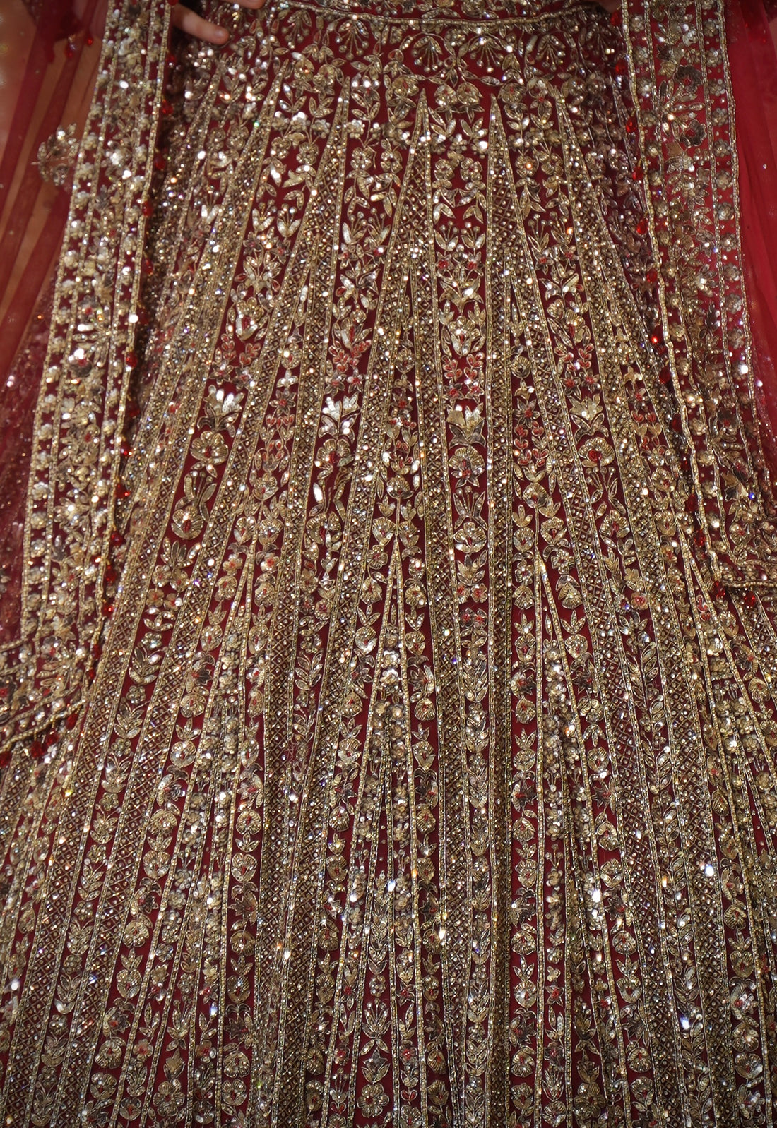 Deep Red Heavy Zardosi & Vertical Panel Embroidered Bridal Lehenga