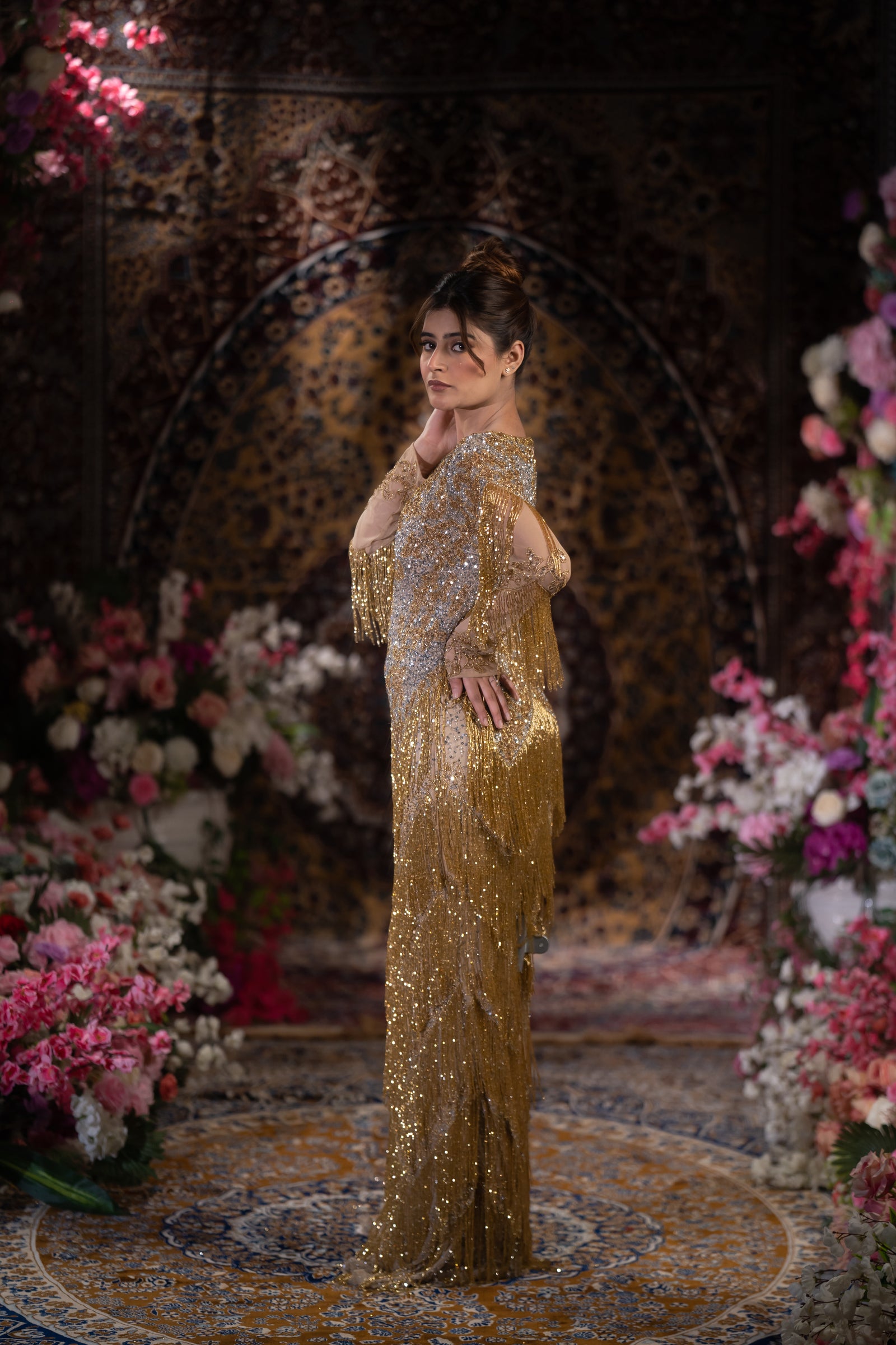 Gold & Silver Ombre Tiered Fringe Embellished Evening Gown