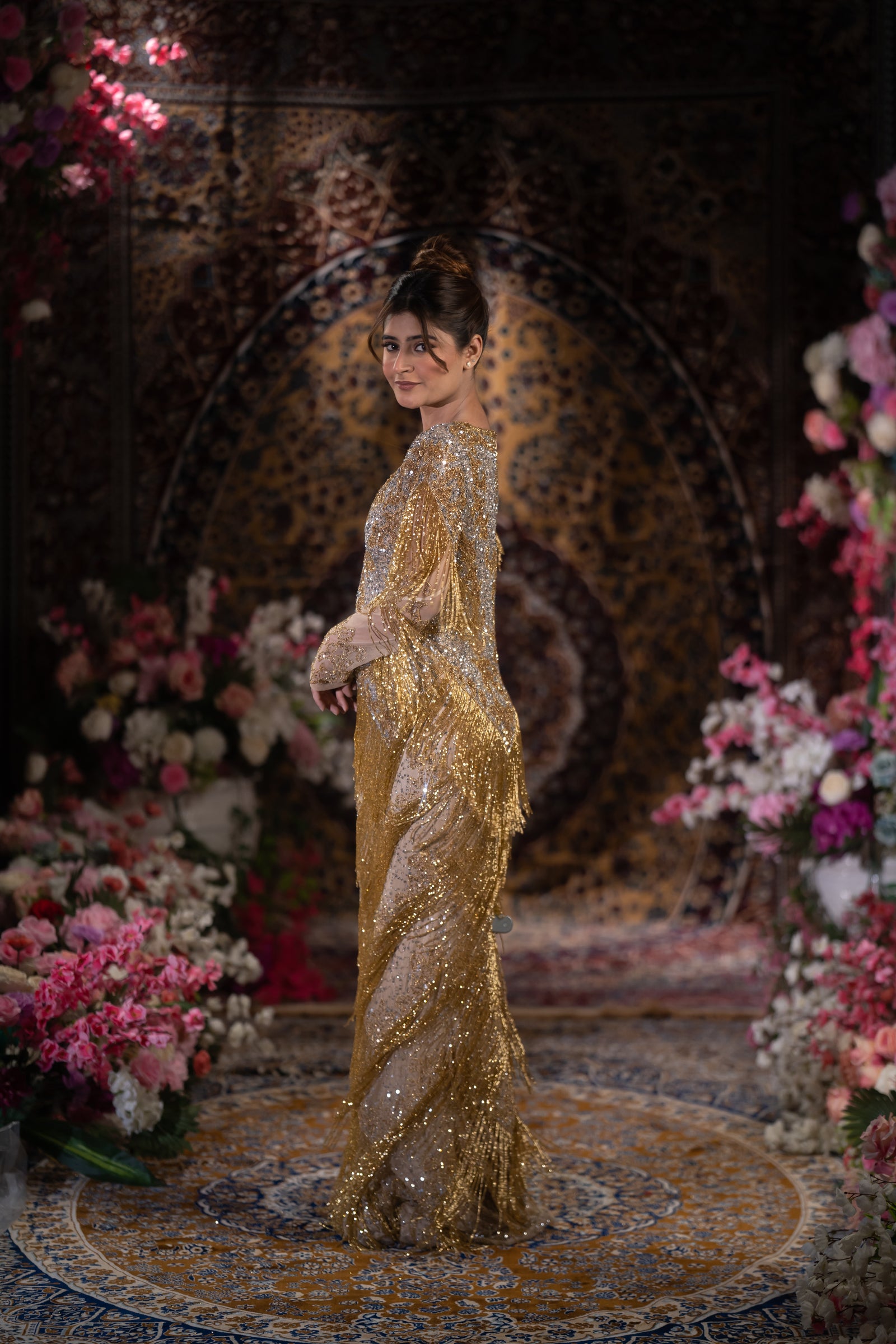 Gold & Silver Ombre Tiered Fringe Embellished Evening Gown