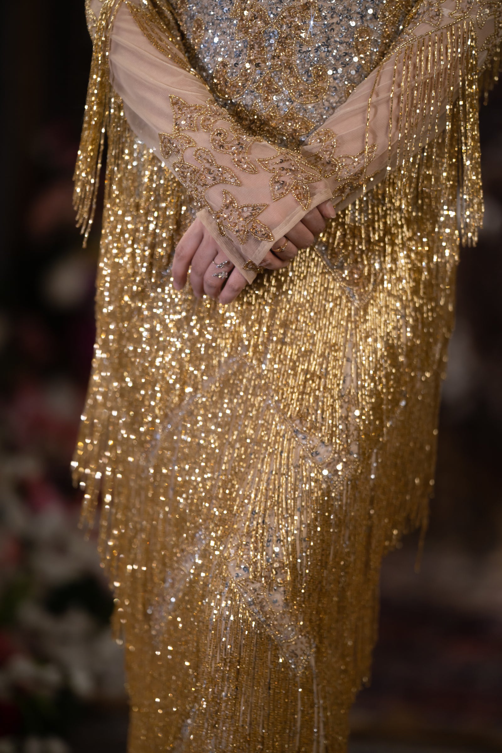 Gold & Silver Ombre Tiered Fringe Embellished Evening Gown