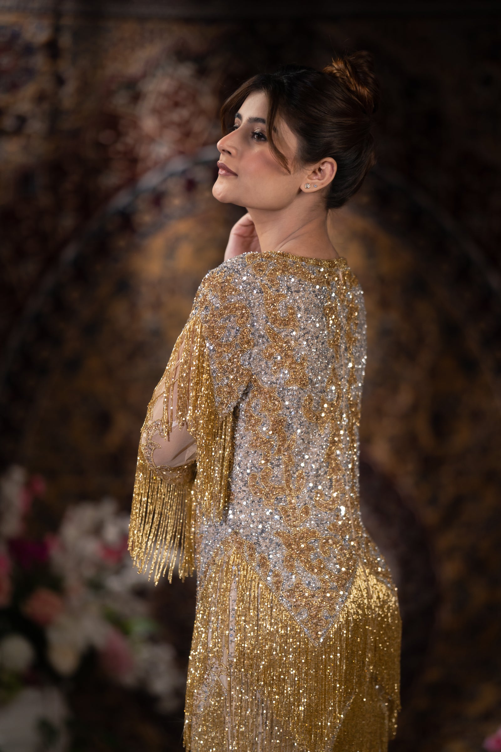 Gold & Silver Ombre Tiered Fringe Embellished Evening Gown