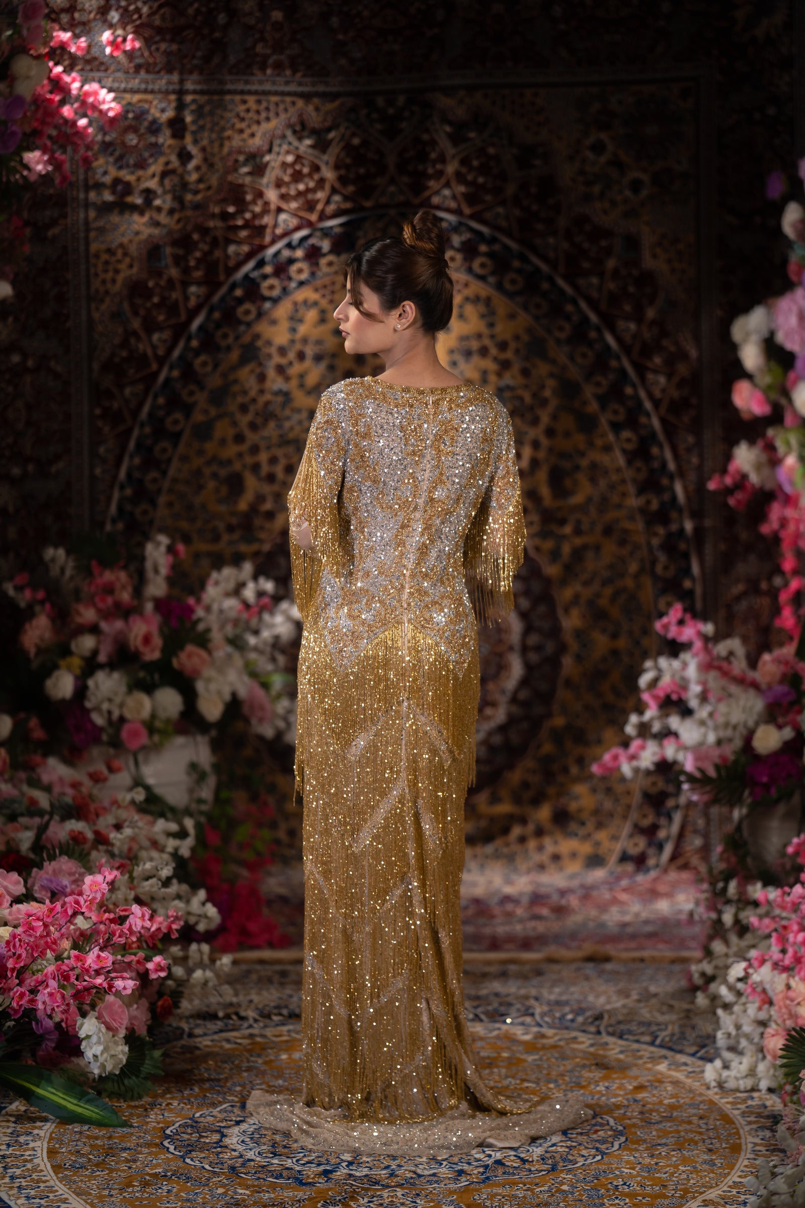 Gold & Silver Ombre Tiered Fringe Embellished Evening Gown