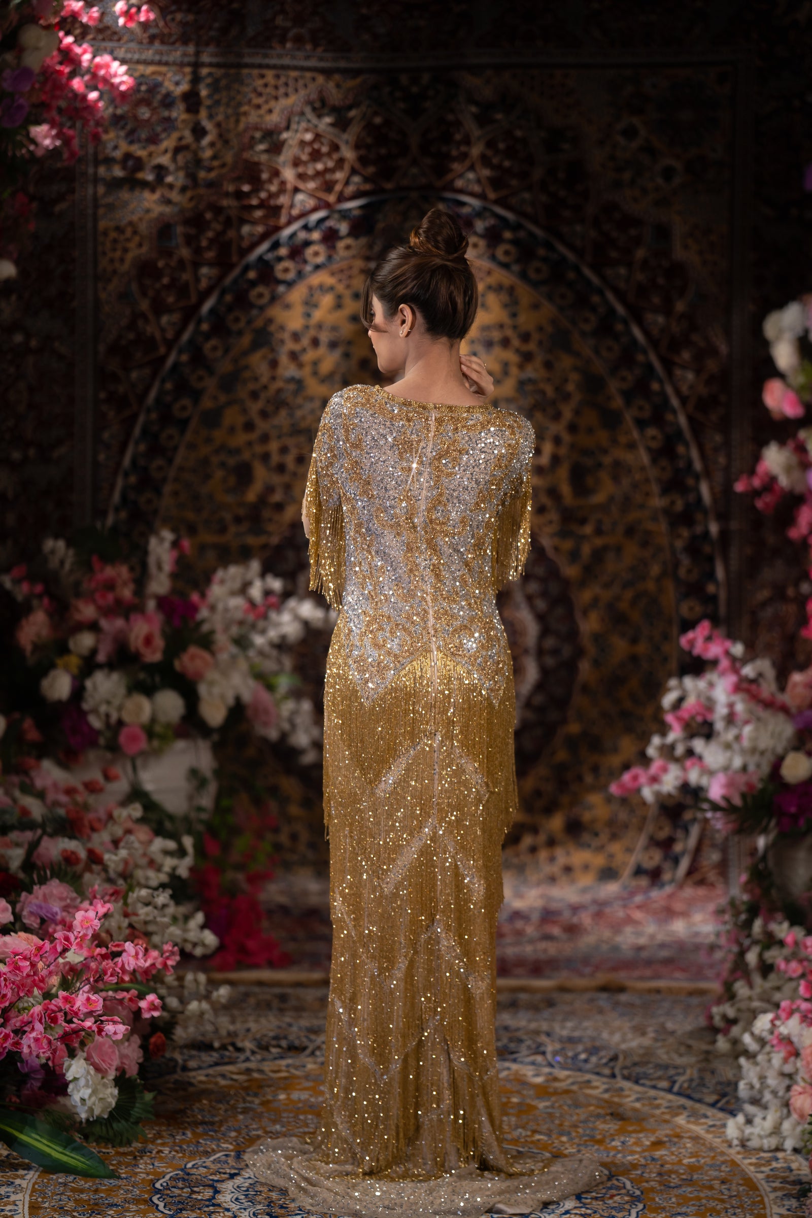 Gold & Silver Ombre Tiered Fringe Embellished Evening Gown