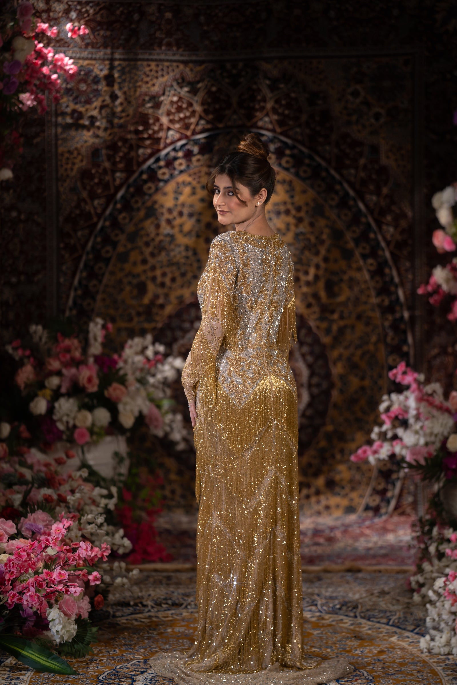 Gold & Silver Ombre Tiered Fringe Embellished Evening Gown