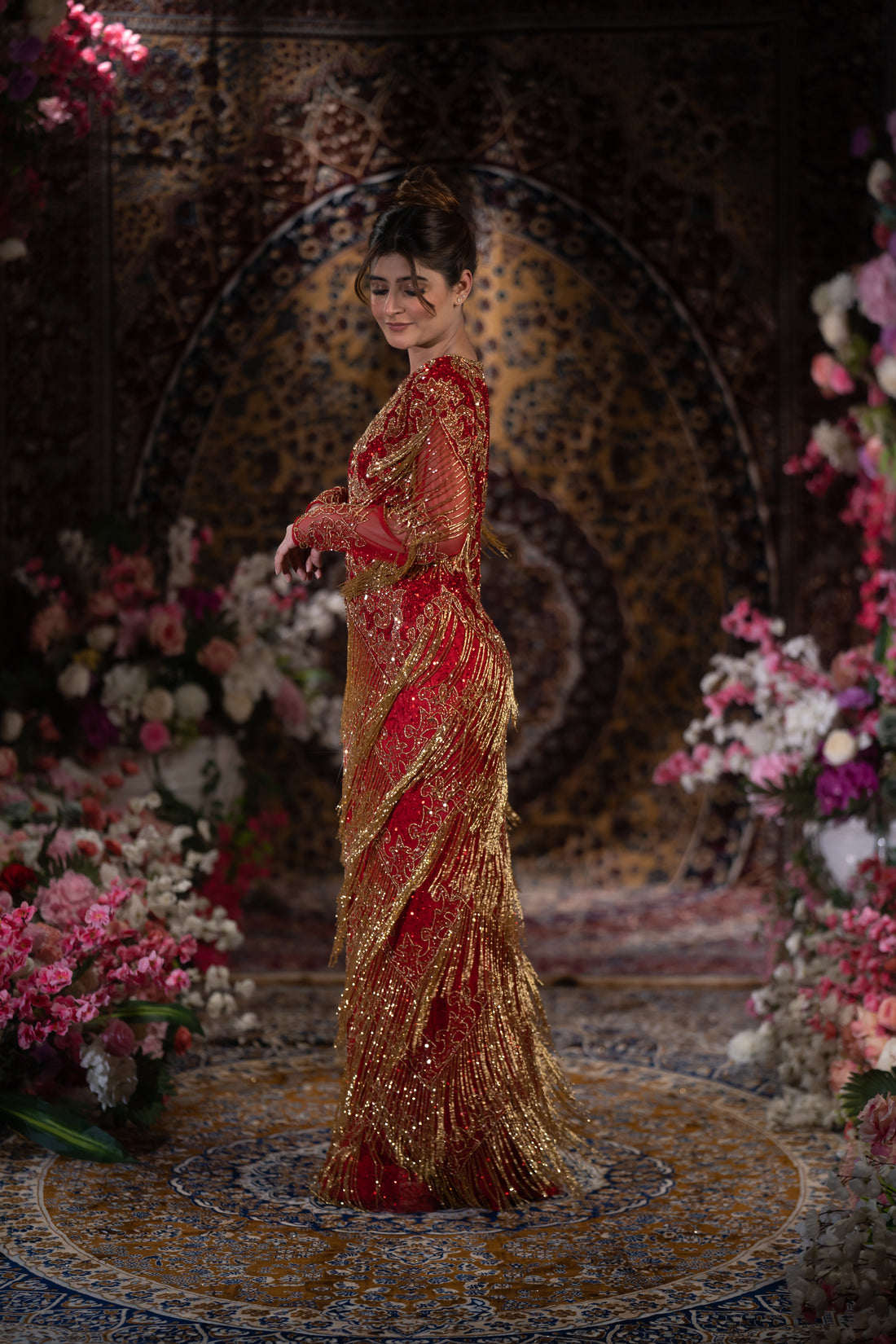 Ruby Red & Gold Baroque Fringe Embellished Evening Gown