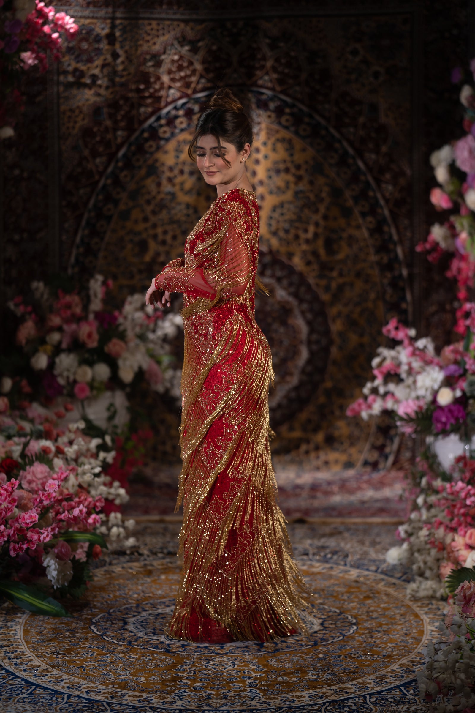 Ruby Red & Gold Baroque Fringe Embellished Evening Gown