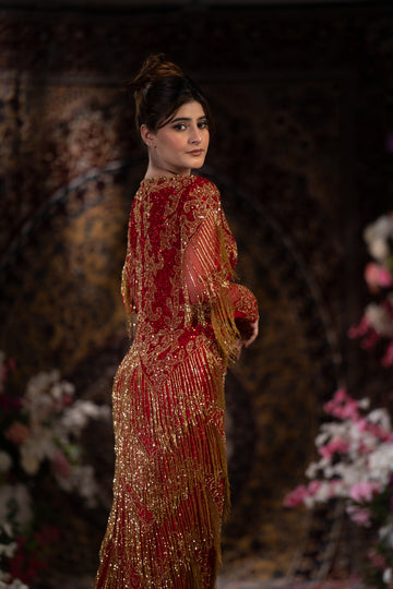 Ruby Royale Fringe Gown – Hand Embellished Red & Gold Couture Dress